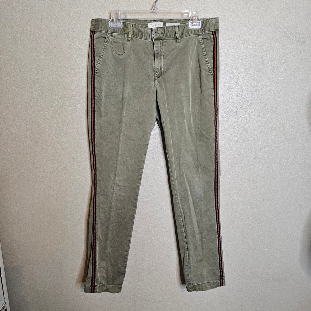CHINO by Anthropologie Olive Green Relaxed Fit Pants Navy/Orange Side Stripe 30 - Picture 2 of 9